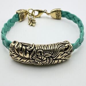 STUDIO BARSE Braided Leather Turquoise Blue Bracelet Gold Tone Southwest Bar